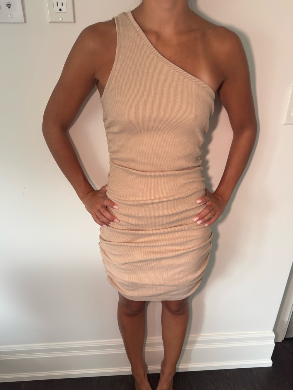 One-Shoulder Ruched Bodycon Dress in Beige